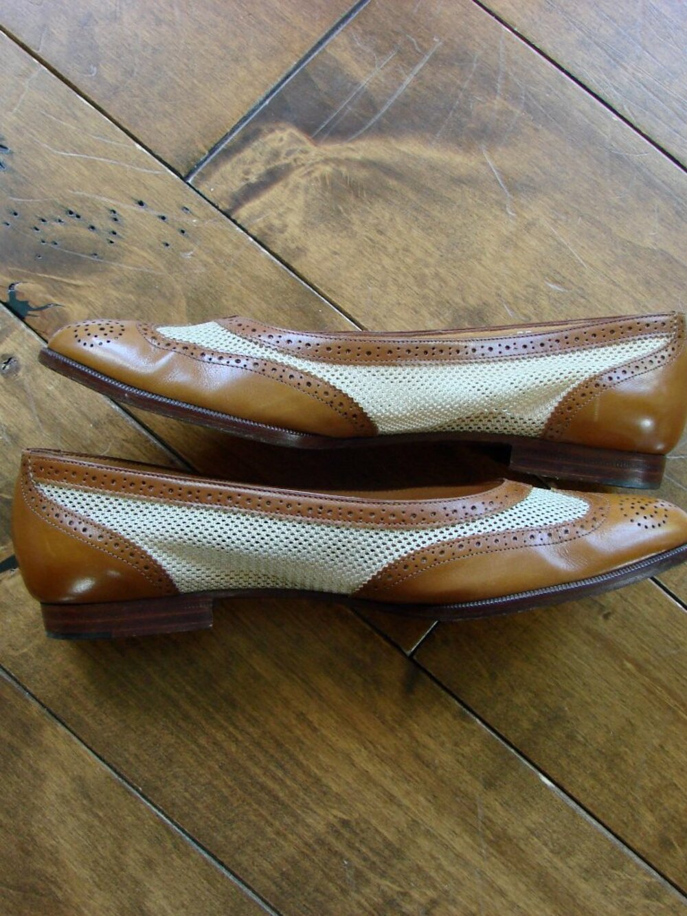 Ralph Lauren Leather Ballet Flat Brown Cream Mesh Flats Loafers Wingtip Size 6.5 - Picture 4 of 15